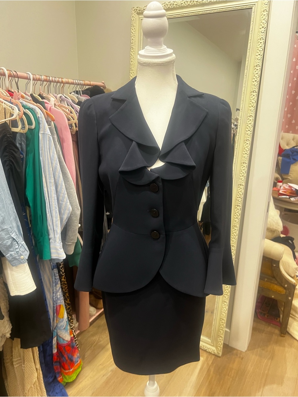 Beautiful Armani Collezioni Navy Ruffle-Front Tailored Blazer and Skirt Set